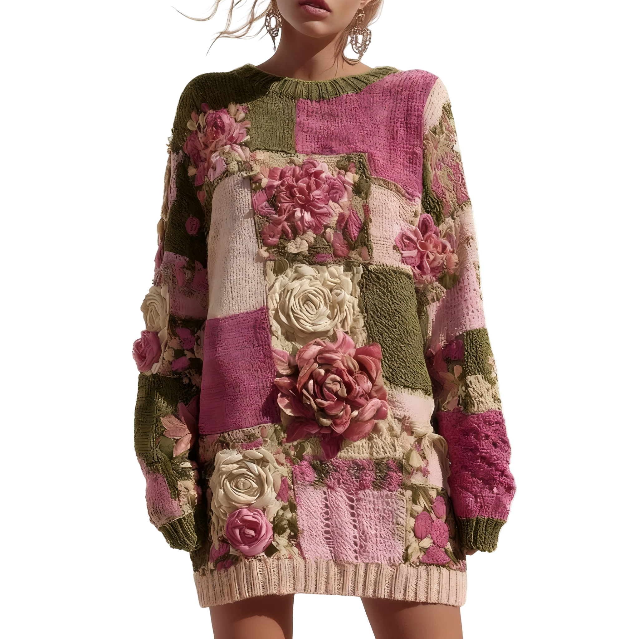 Vintage Roses Embroidered Patchwork Cozy Long Sweater