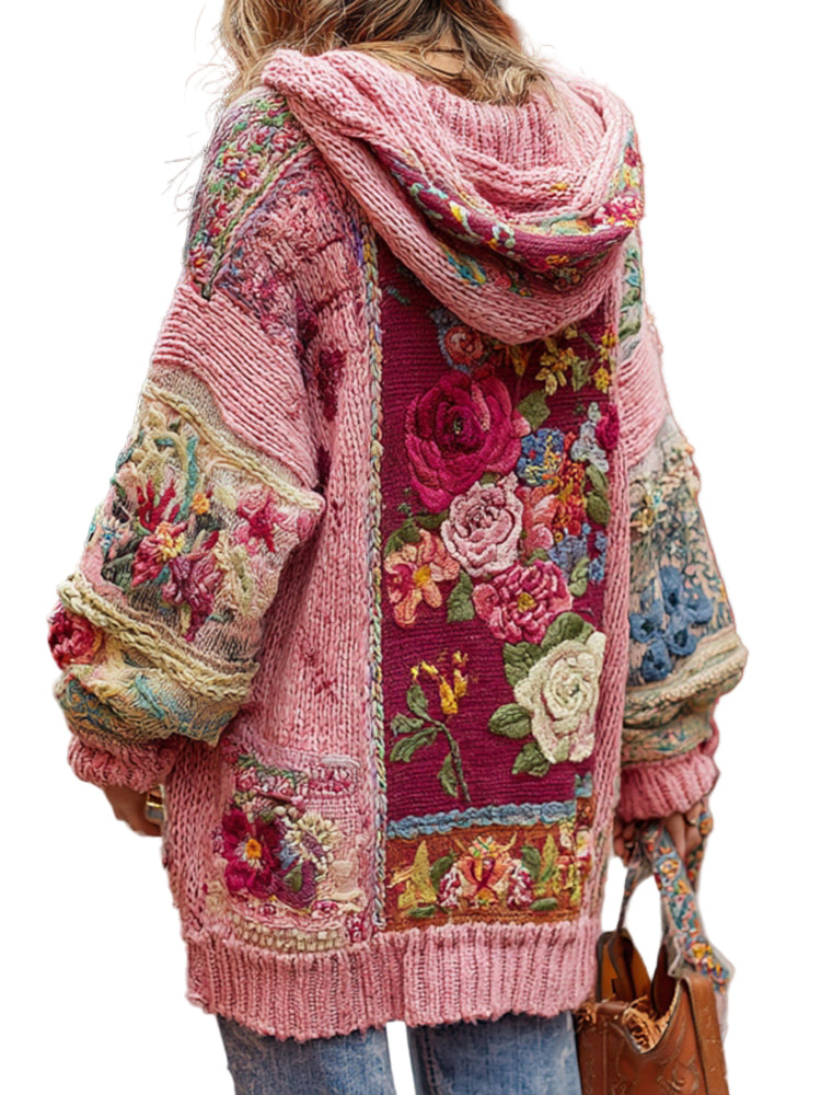 Women's Bohemian Floral Embroidery Patchwork Art Cozy Knit Hooded Sweater Cardigan