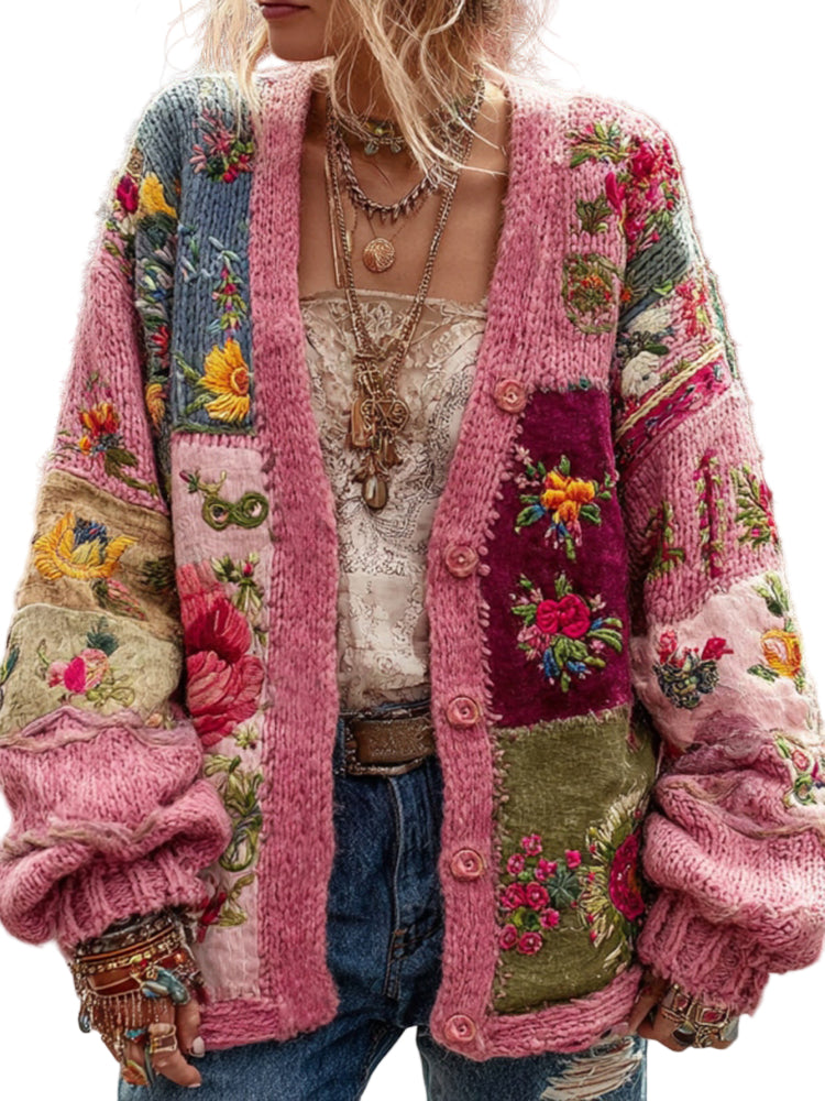 Women's Bohemian Flower Embroidery Patchwork Art V-neck Knit Sweater Cardigan