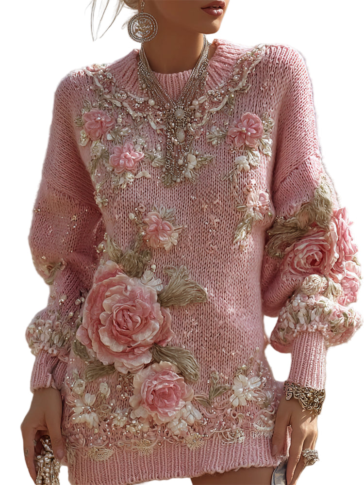 Vintage Pink Roses Glitter Fiber Art Cozy Knit Sweater Dress