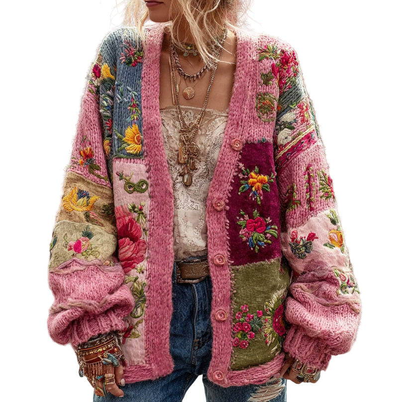 Women's Bohemian Flower Embroidery Patchwork Art V-neck Knit Sweater Cardigan